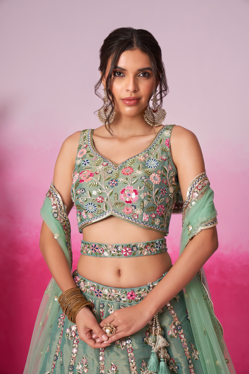 Bridal Net Moti And Sequins Embroidery Lehenga Choli Dupatta