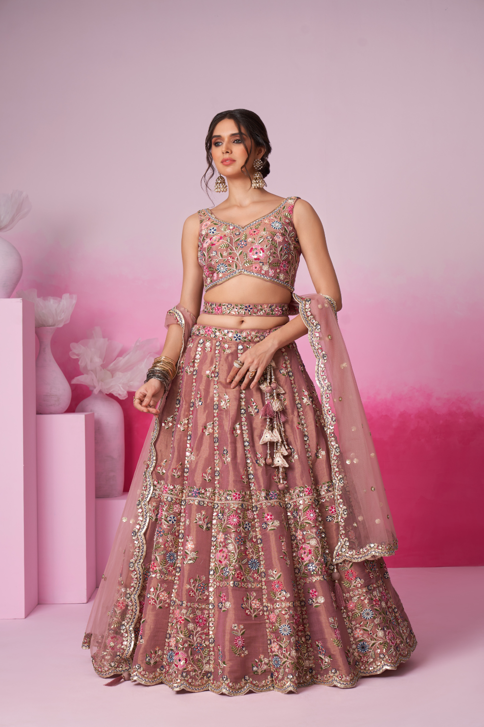 Bridal Net Moti And Sequins Embroidery Lehenga Choli Dupatta