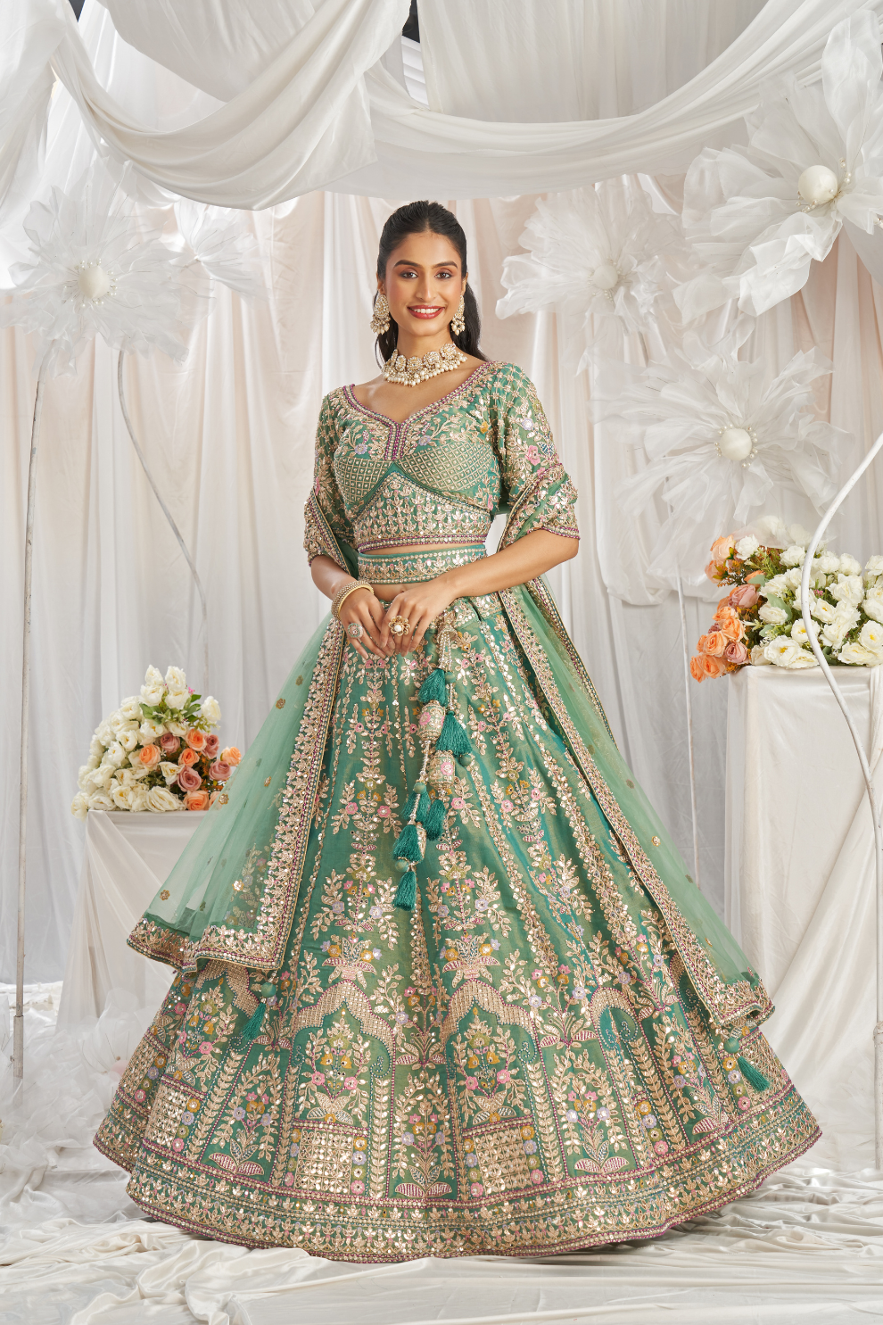Elegant Bridal Net Lehenga with Gotapatti & Moti Work