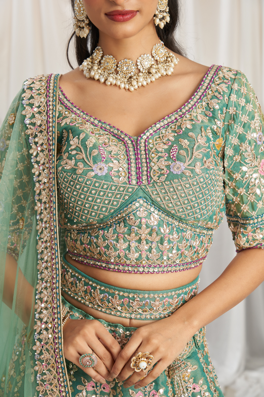 Elegant Bridal Net Lehenga with Gotapatti & Moti Work