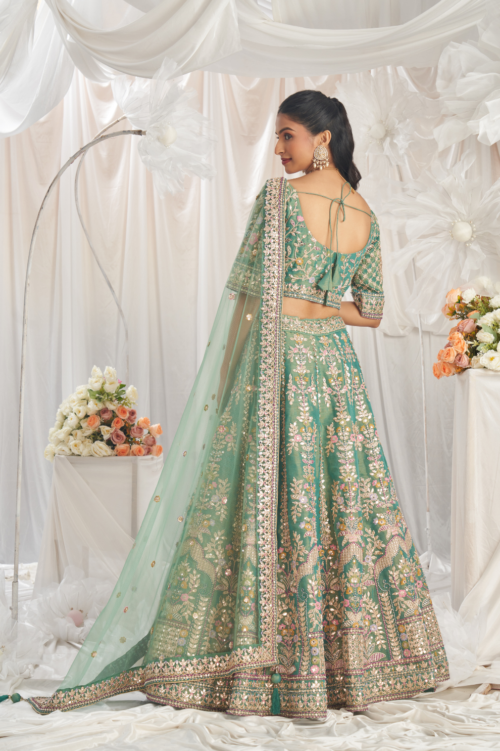 Elegant Bridal Net Lehenga with Gotapatti & Moti Work