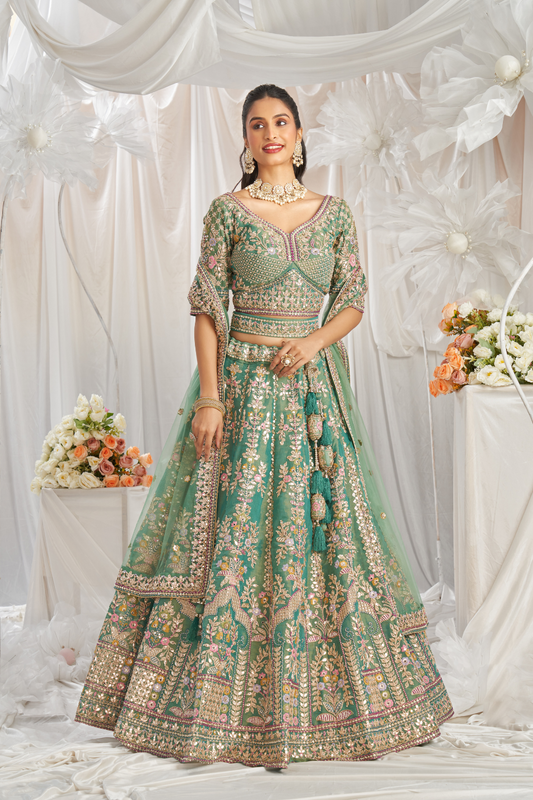 Elegant Bridal Net Lehenga with Gotapatti & Moti Work