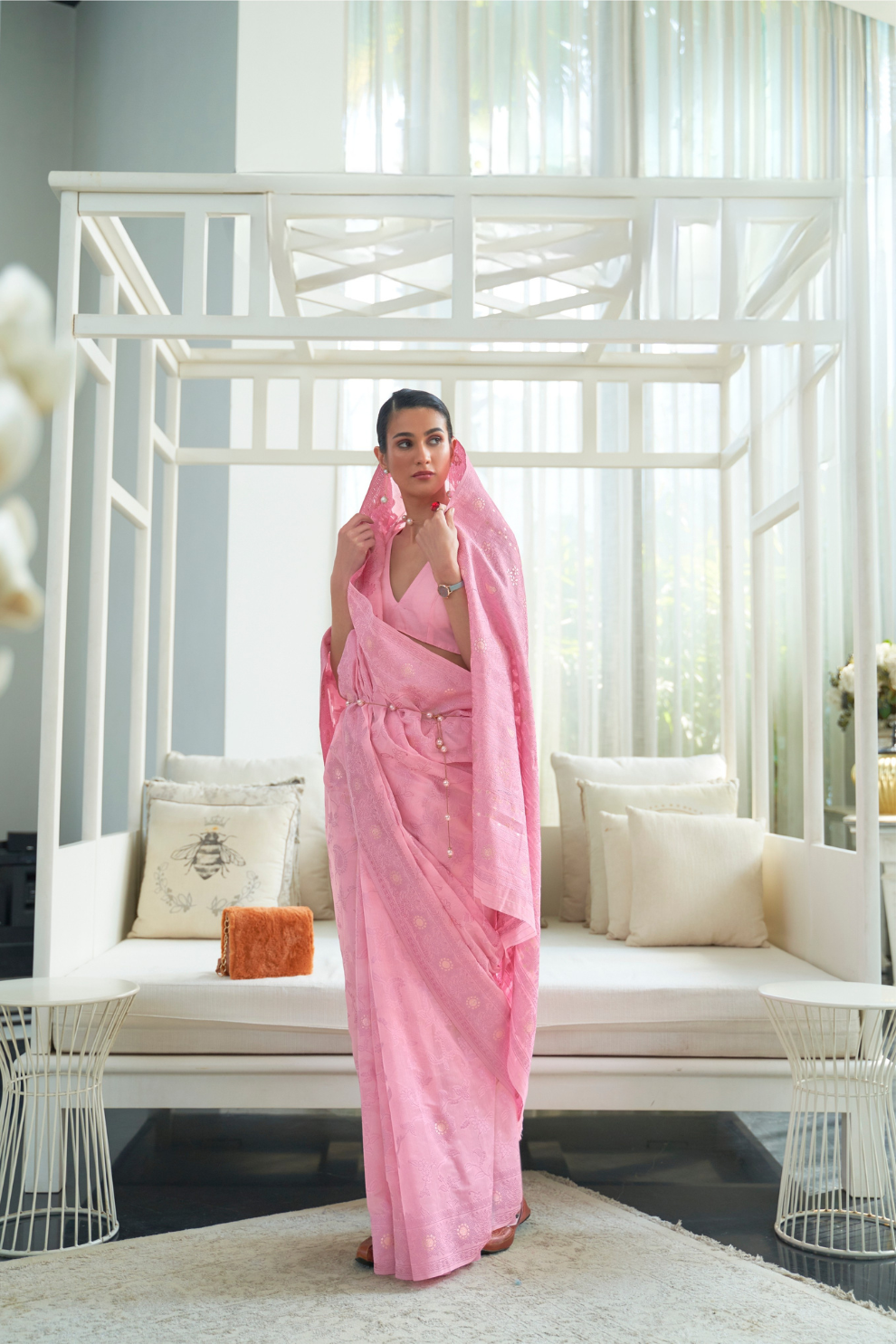 Classic Lucknowi Saree with Elegant Chikankari Silk Weaving Touch