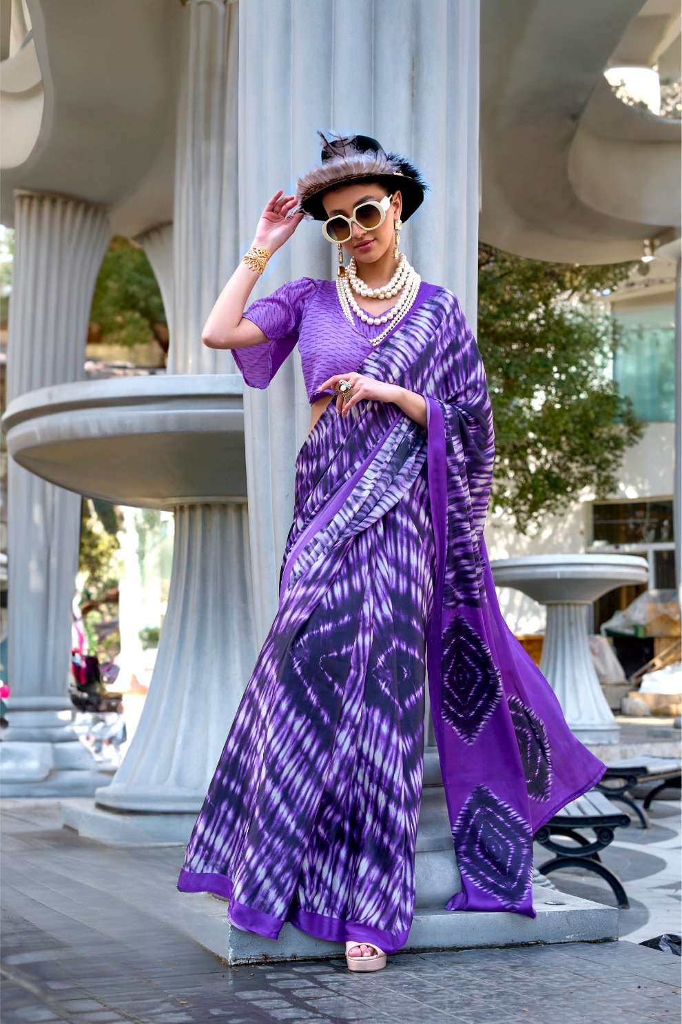 Contemporary Print Satin Crepe Saree with Chic Glossy Drape