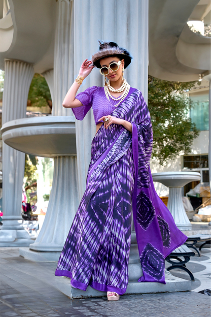 Contemporary Print Satin Crepe Saree with Chic Glossy Drape