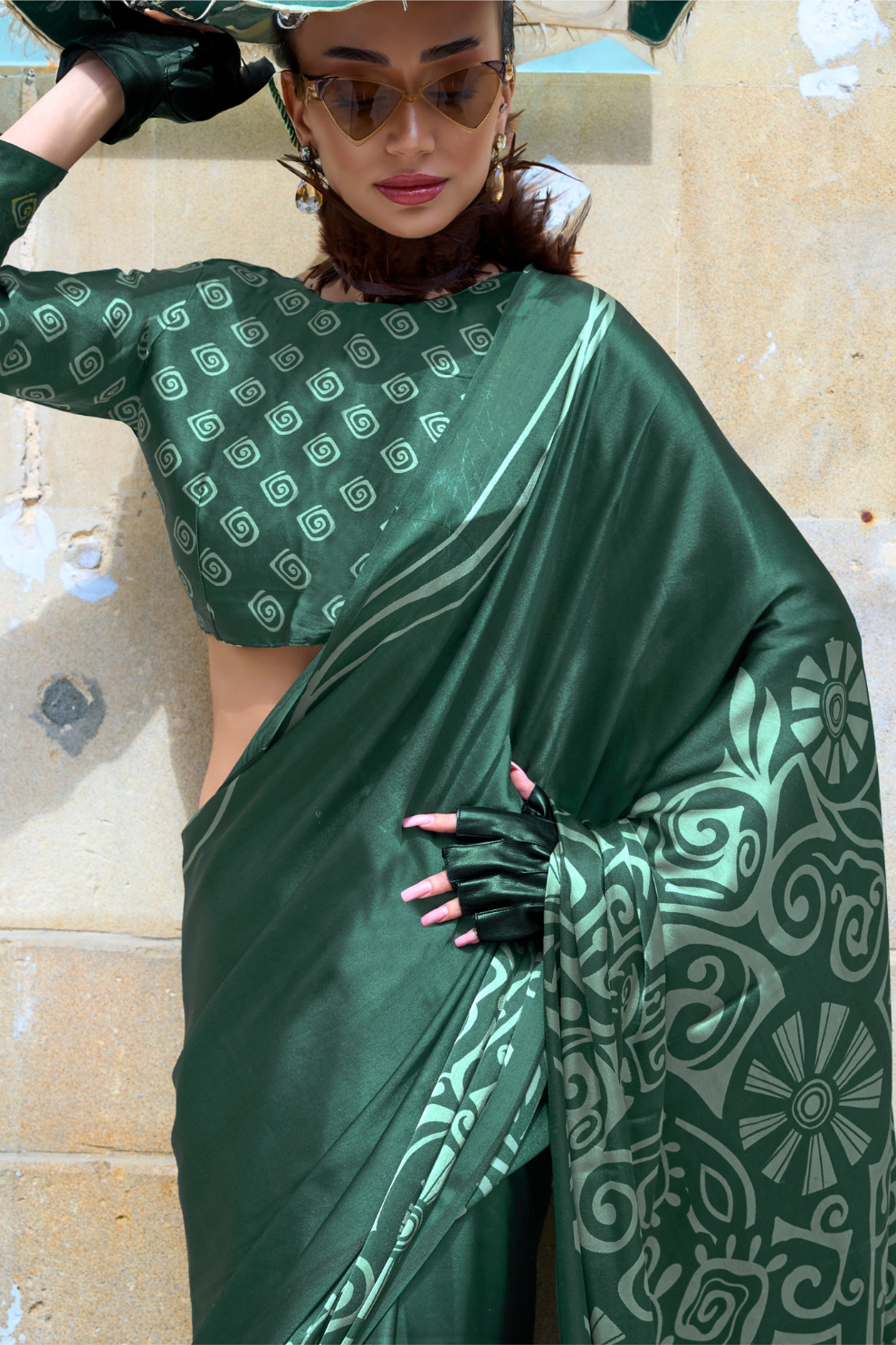 Contemporary Print Satin Crepe Saree with Chic Glossy Drape