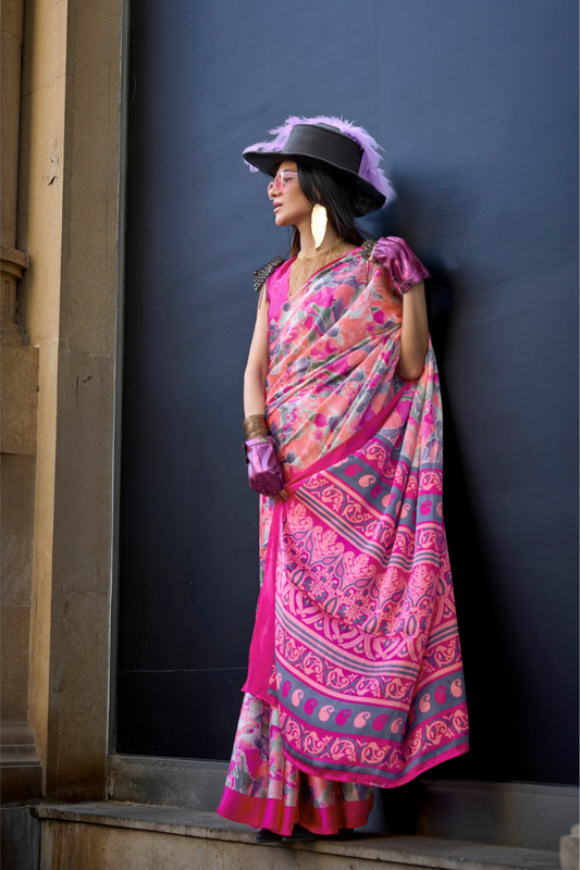 Contemporary Print Satin Crepe Saree with Chic Glossy Drape