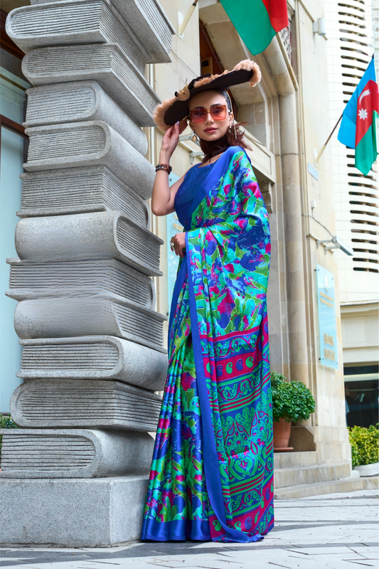 Contemporary Print Satin Crepe Saree with Chic Glossy Drape