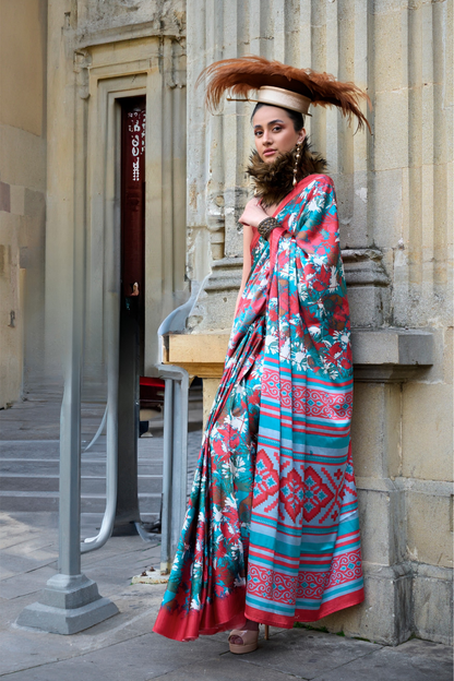 Contemporary Print Satin Crepe Saree with Chic Glossy Drape