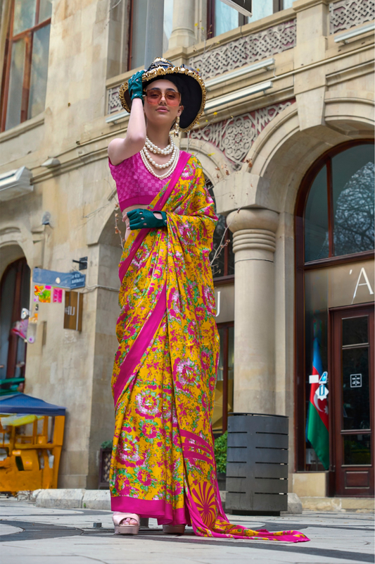 Contemporary Print Satin Crepe Saree with Chic Glossy Drape