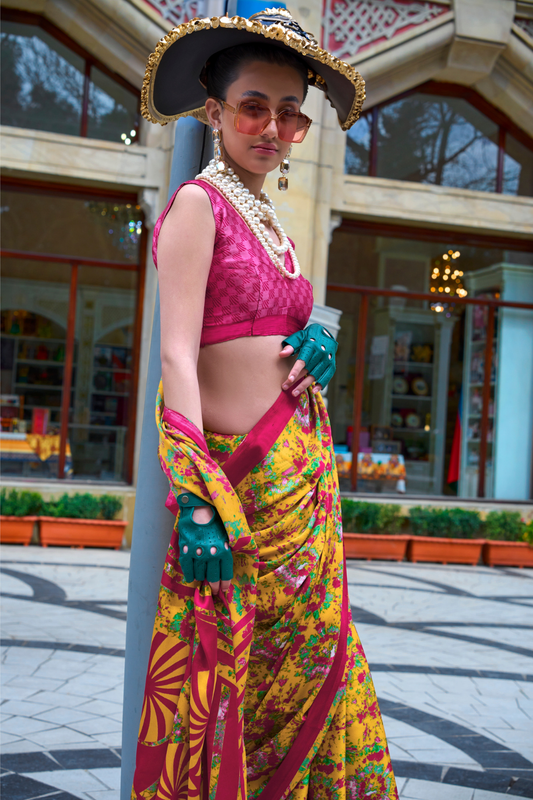 Contemporary Print Satin Crepe Saree with Chic Glossy Drape