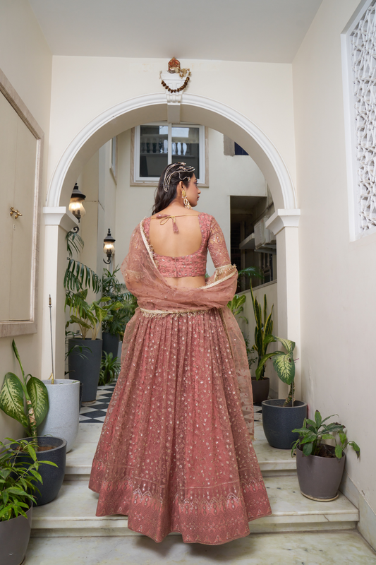 Designer Thread Sequin Embroidered Net Lehenga for Festive Wear