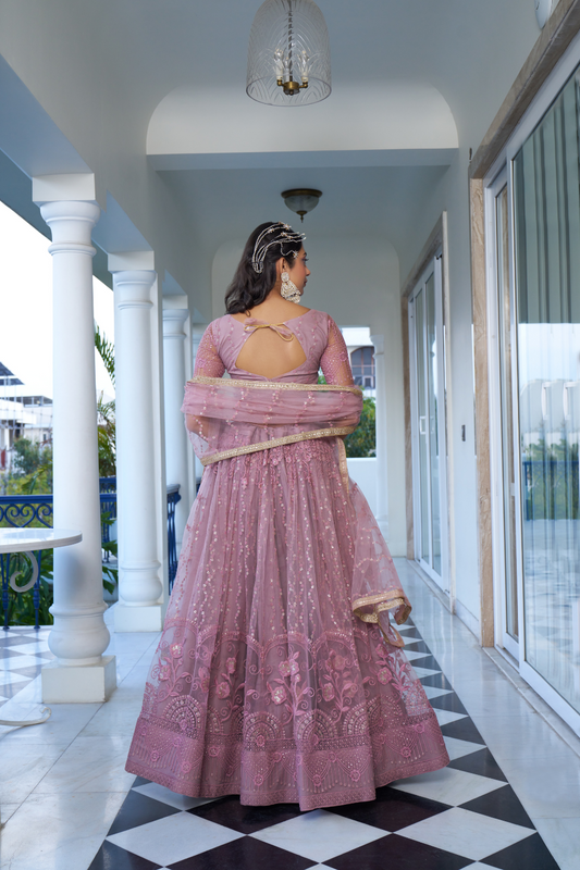 Designer Thread Sequin Embroidered Net Lehenga for Festive Wear