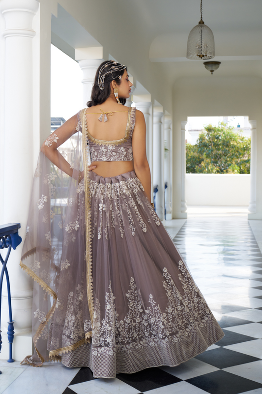 Designer Thread Sequin Embroidered Net Lehenga for Festive Wear