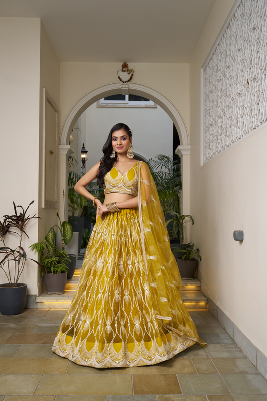 Designer Thread Sequin Embroidered Net Lehenga for Festive Wear