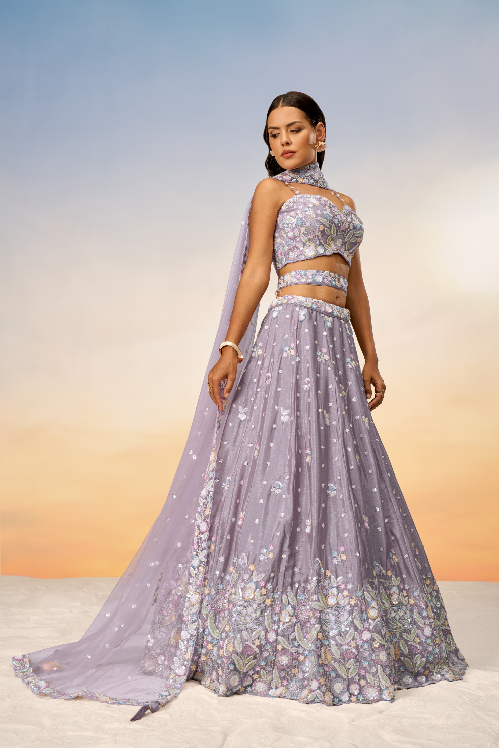 Chiffon Sequins And Thread Embroidery Lehenga Choli Dupatta