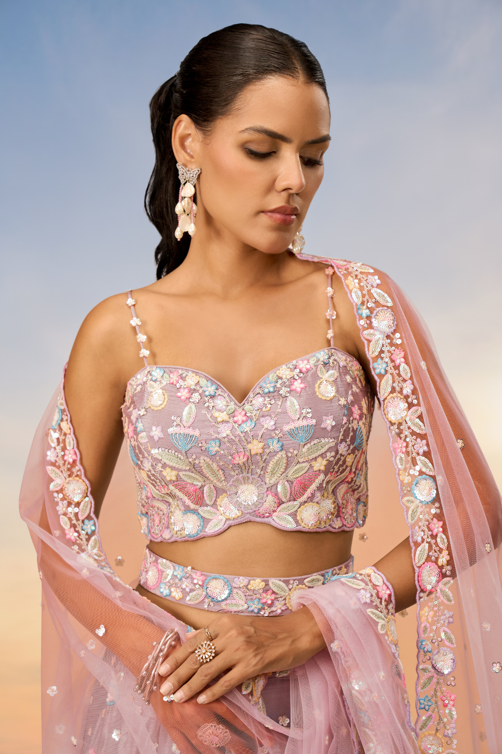 Chiffon Sequins And Thread Embroidery Lehenga Choli Dupatta