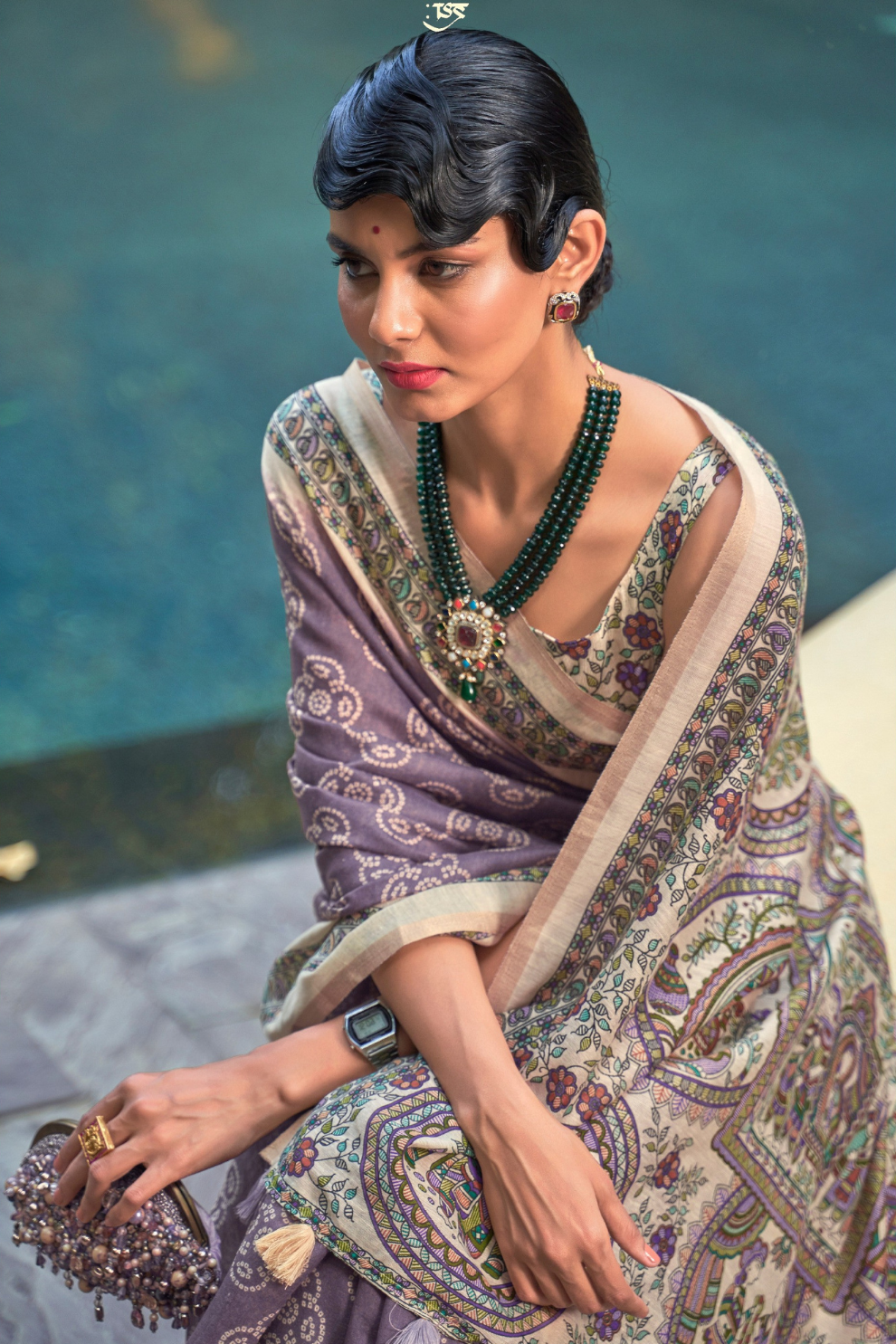 Printed Silk Blend Saree with Artistic Traditional Motifs