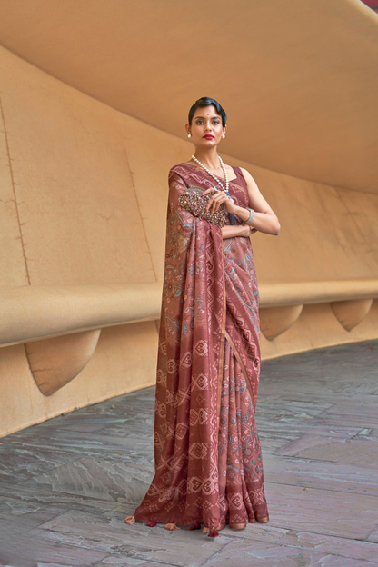 Printed Silk Blend Saree with Artistic Traditional Motifs
