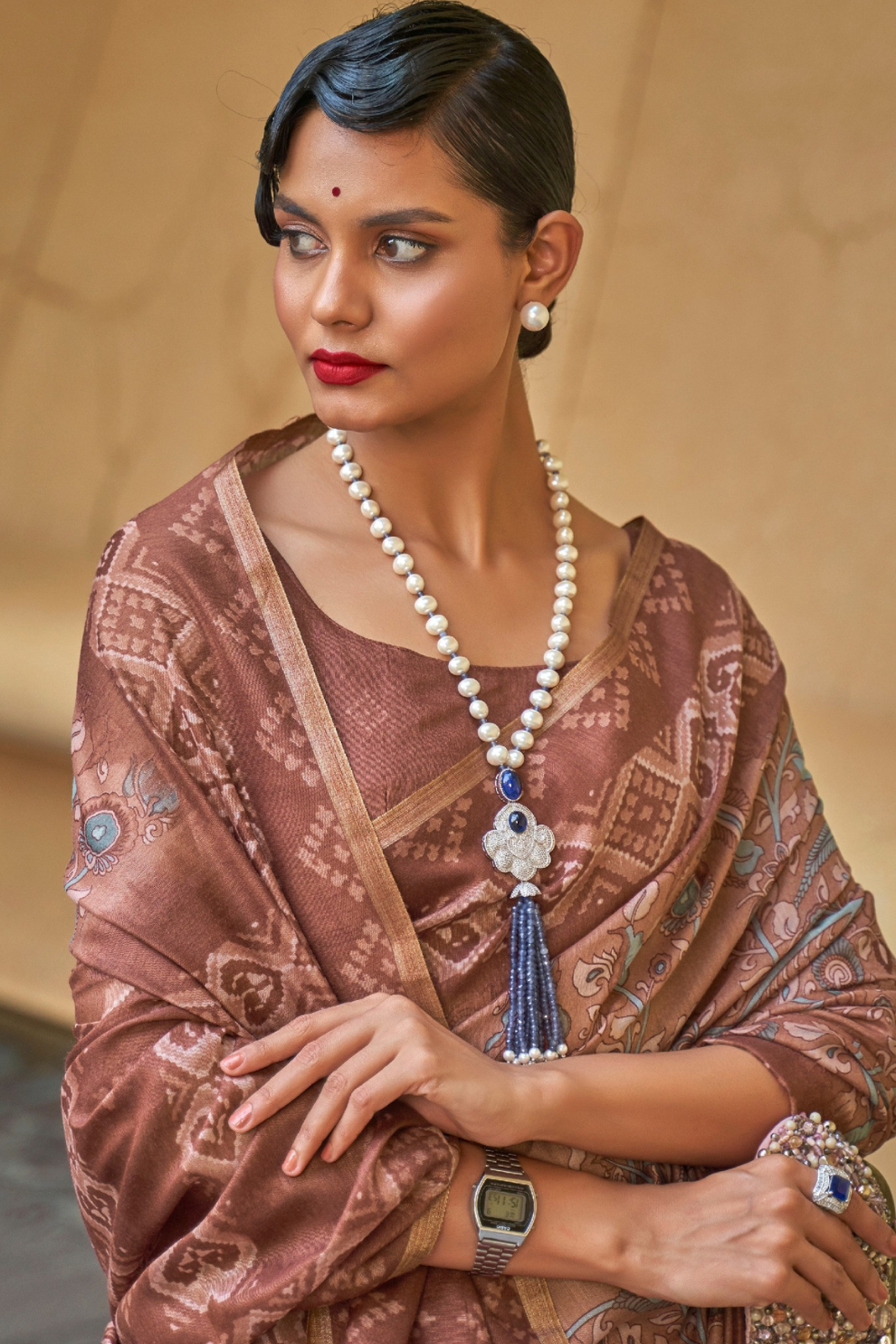Printed Silk Blend Saree with Artistic Traditional Motifs