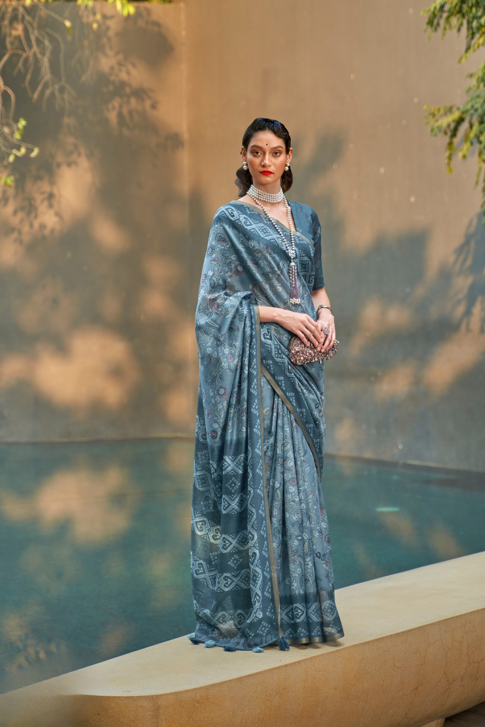 Printed Silk Blend Saree with Artistic Traditional Motifs