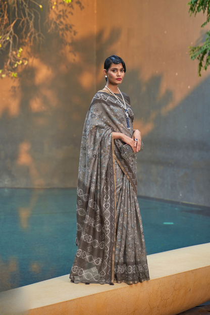 Printed Silk Blend Saree with Artistic Traditional Motifs
