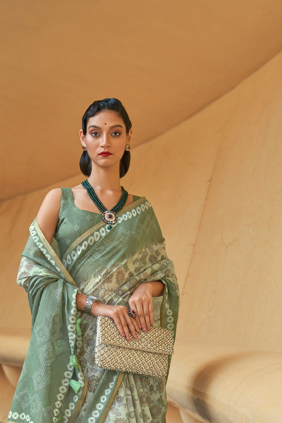 Printed Silk Blend Saree with Artistic Traditional Motifs