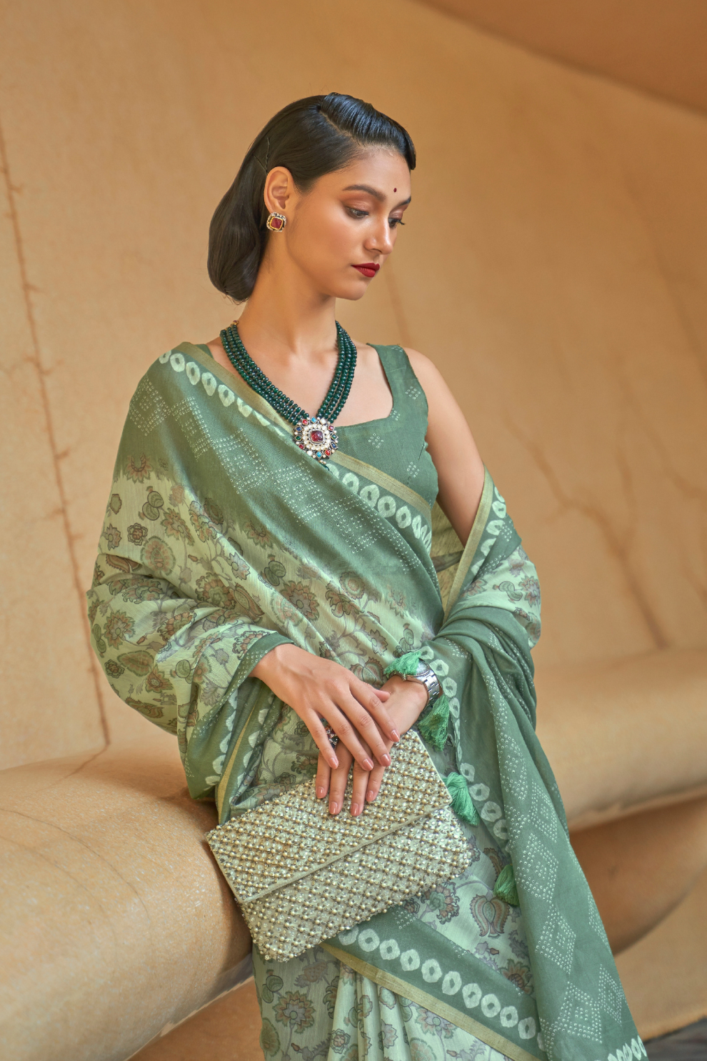 Printed Silk Blend Saree with Artistic Traditional Motifs