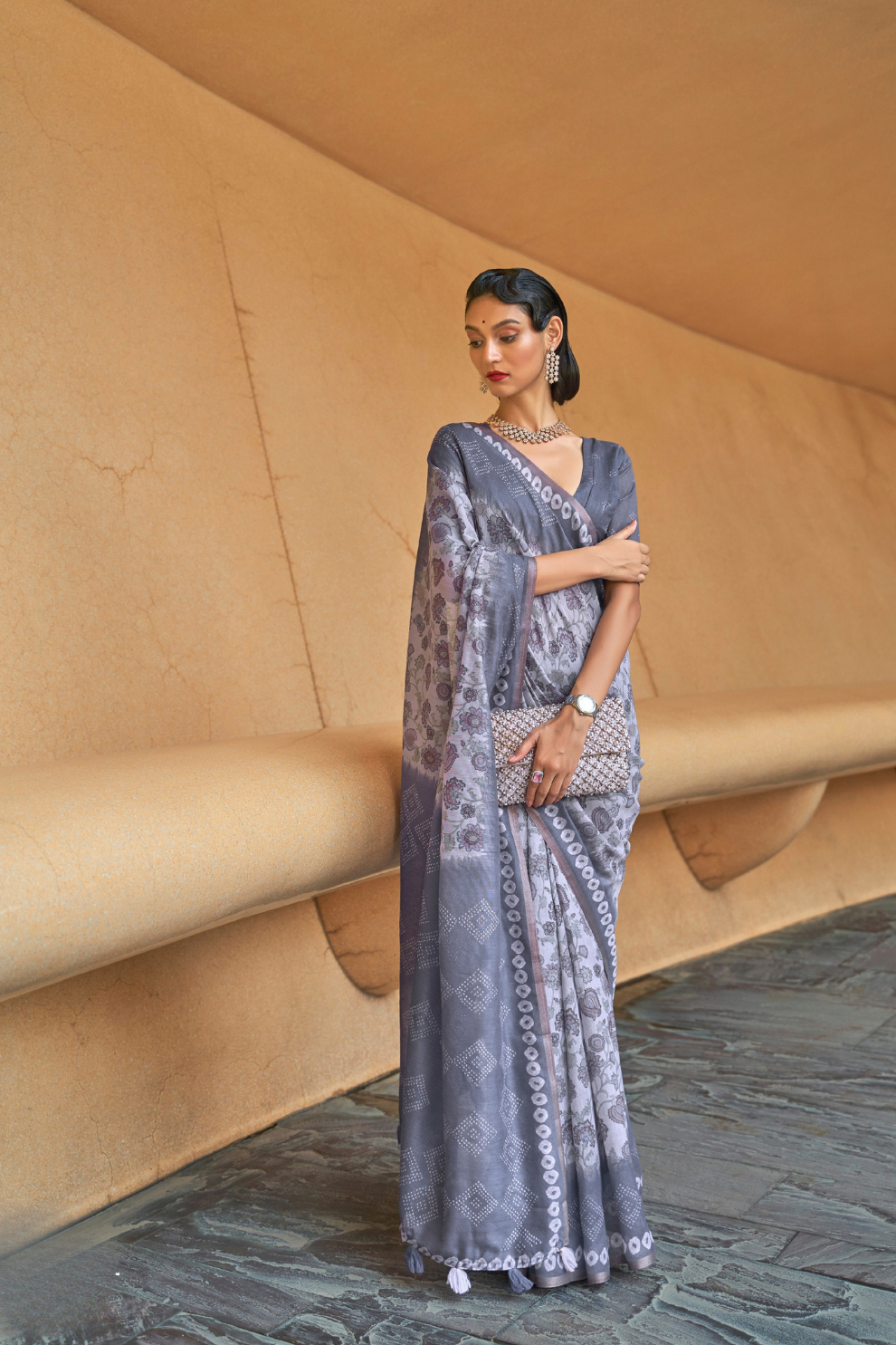 Printed Silk Blend Saree with Artistic Traditional Motifs