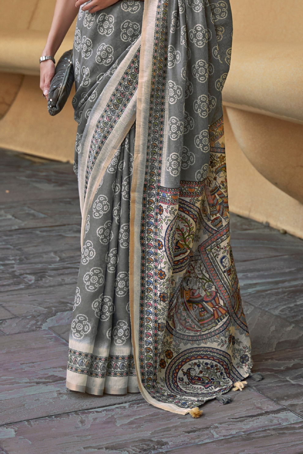 Printed Silk Blend Saree with Artistic Traditional Motifs