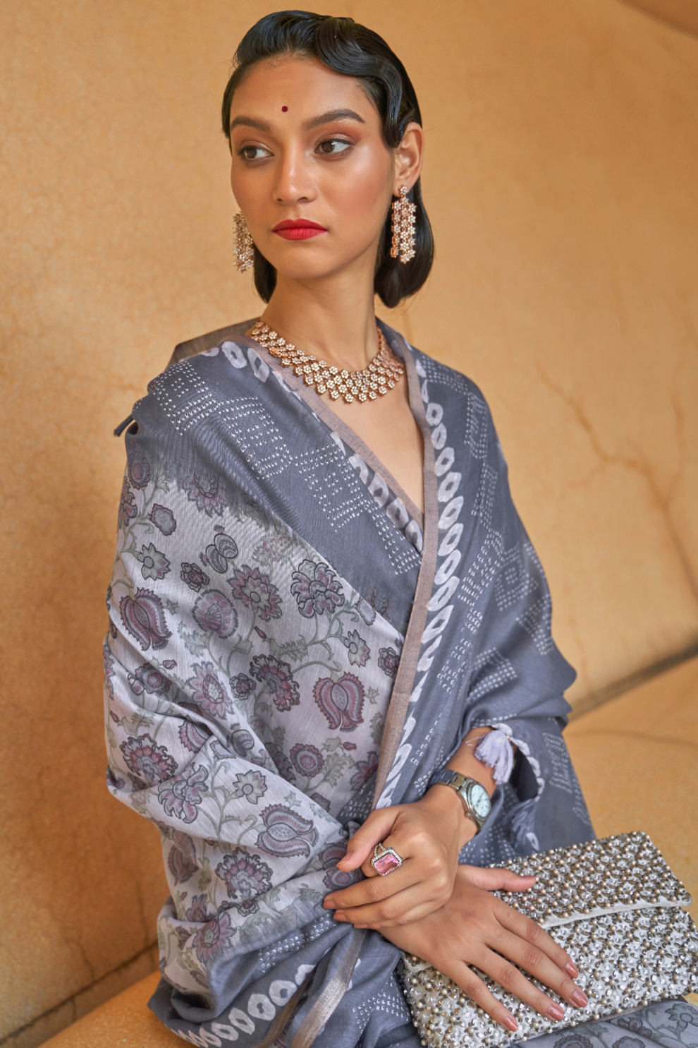 Printed Silk Blend Saree with Artistic Traditional Motifs