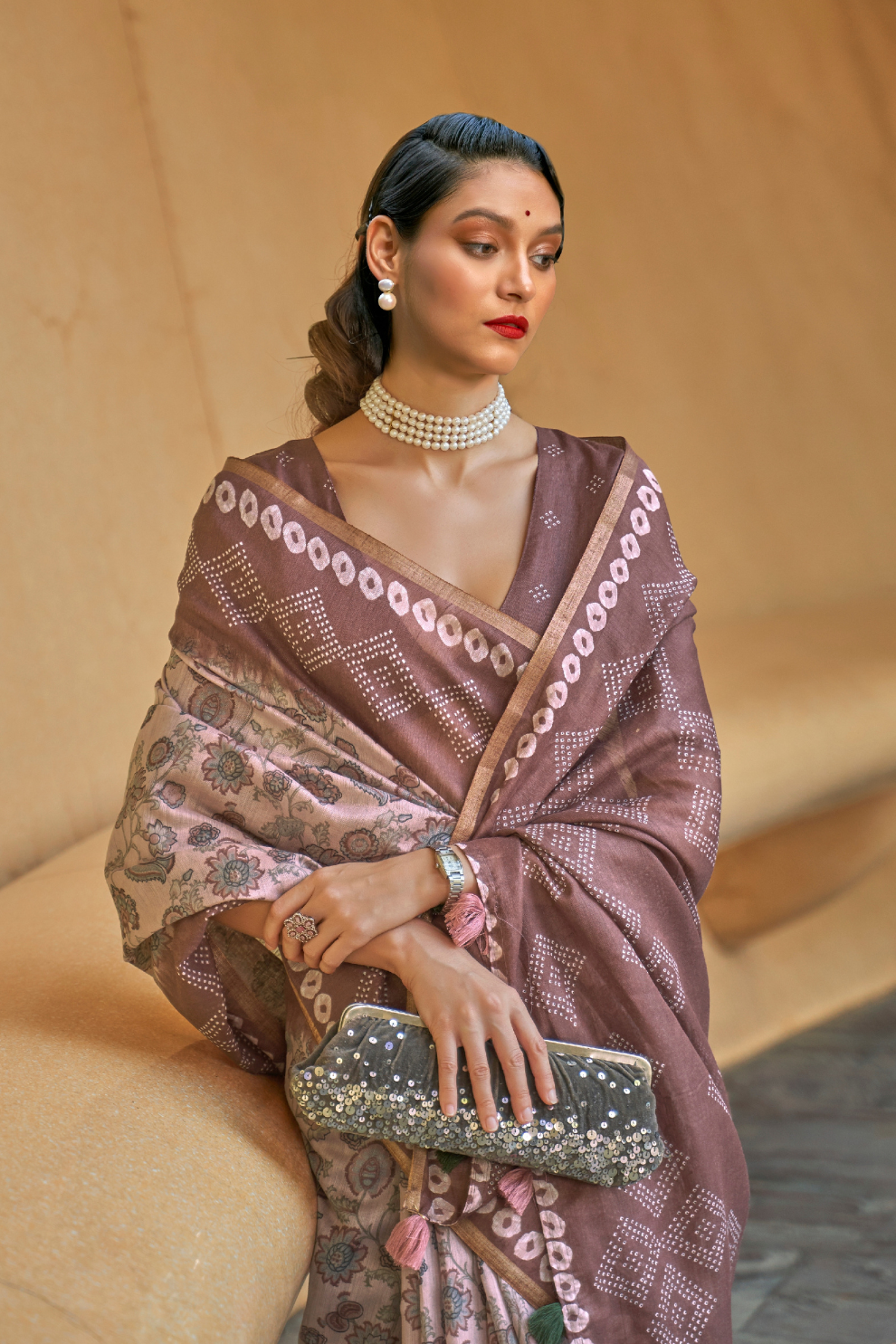 Printed Silk Blend Saree with Artistic Traditional Motifs