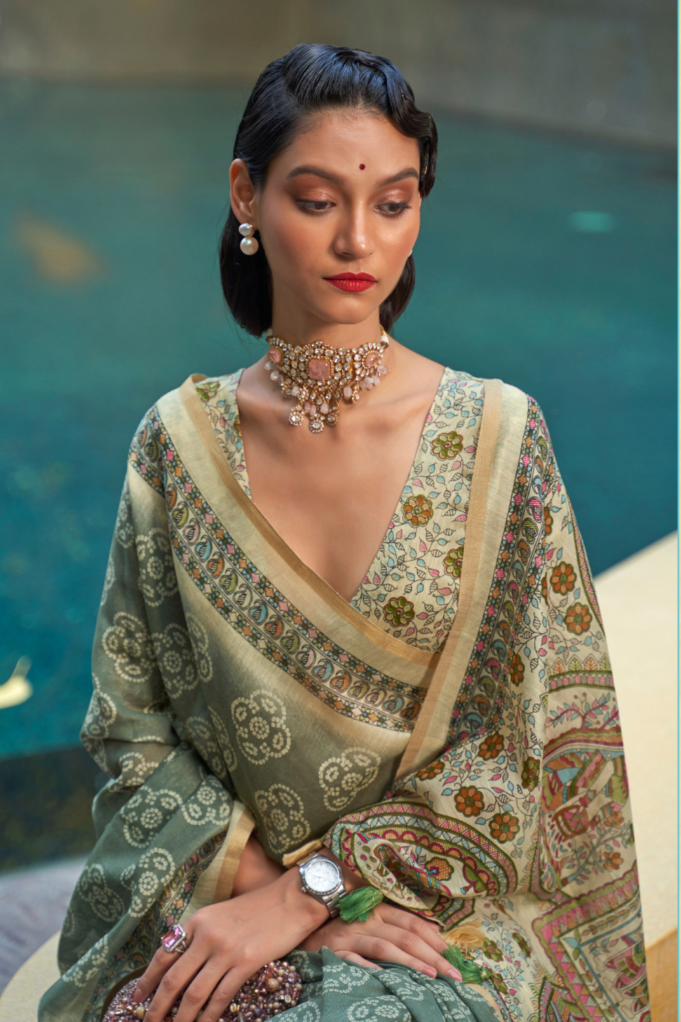 Printed Silk Blend Saree with Artistic Traditional Motifs
