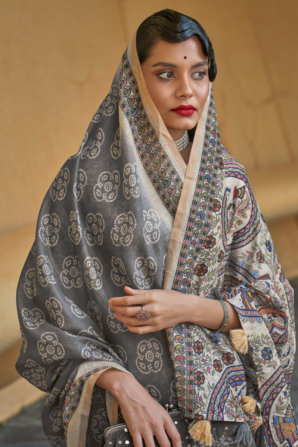 Printed Silk Blend Saree with Artistic Traditional Motifs