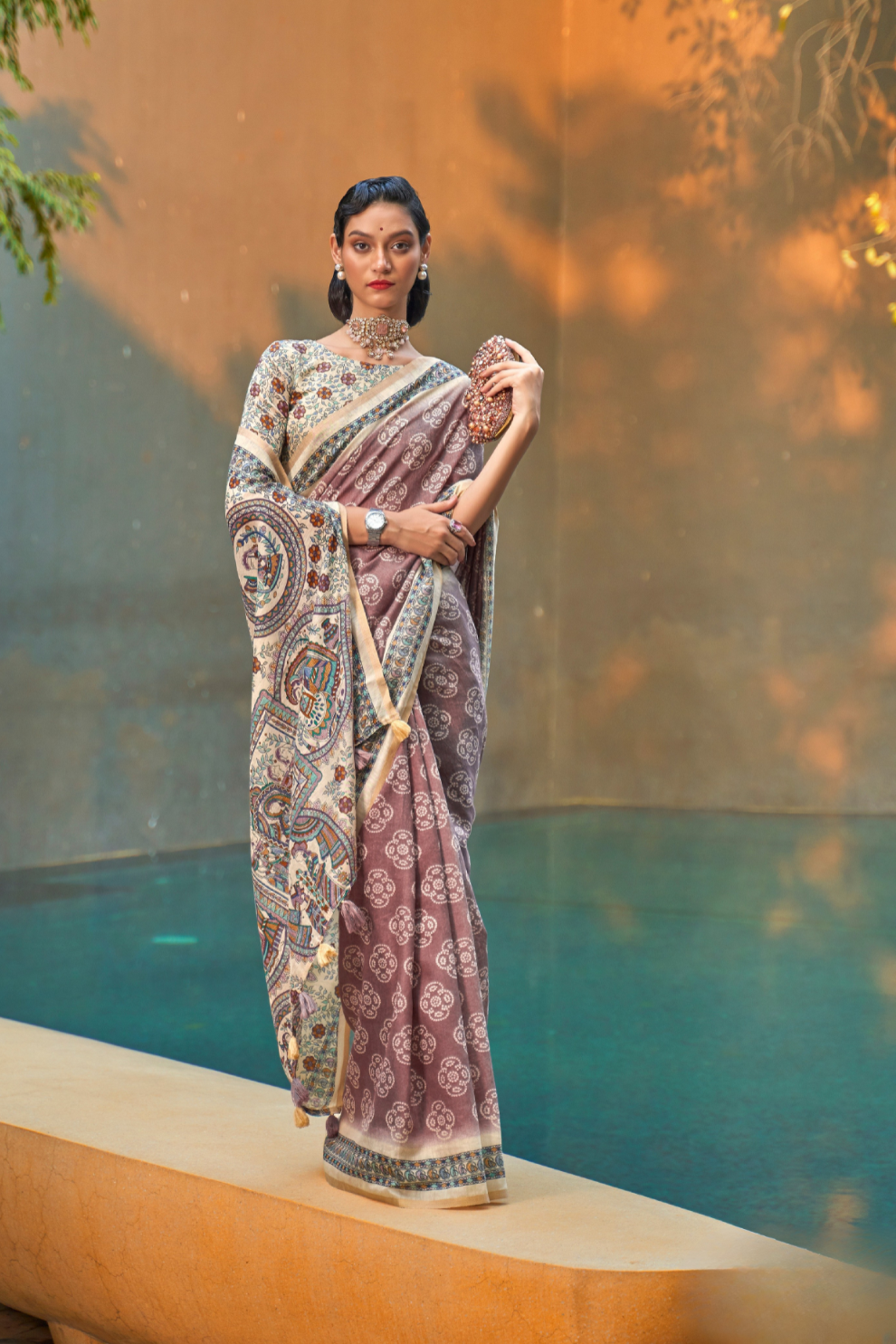 Printed Silk Blend Saree with Artistic Traditional Motifs