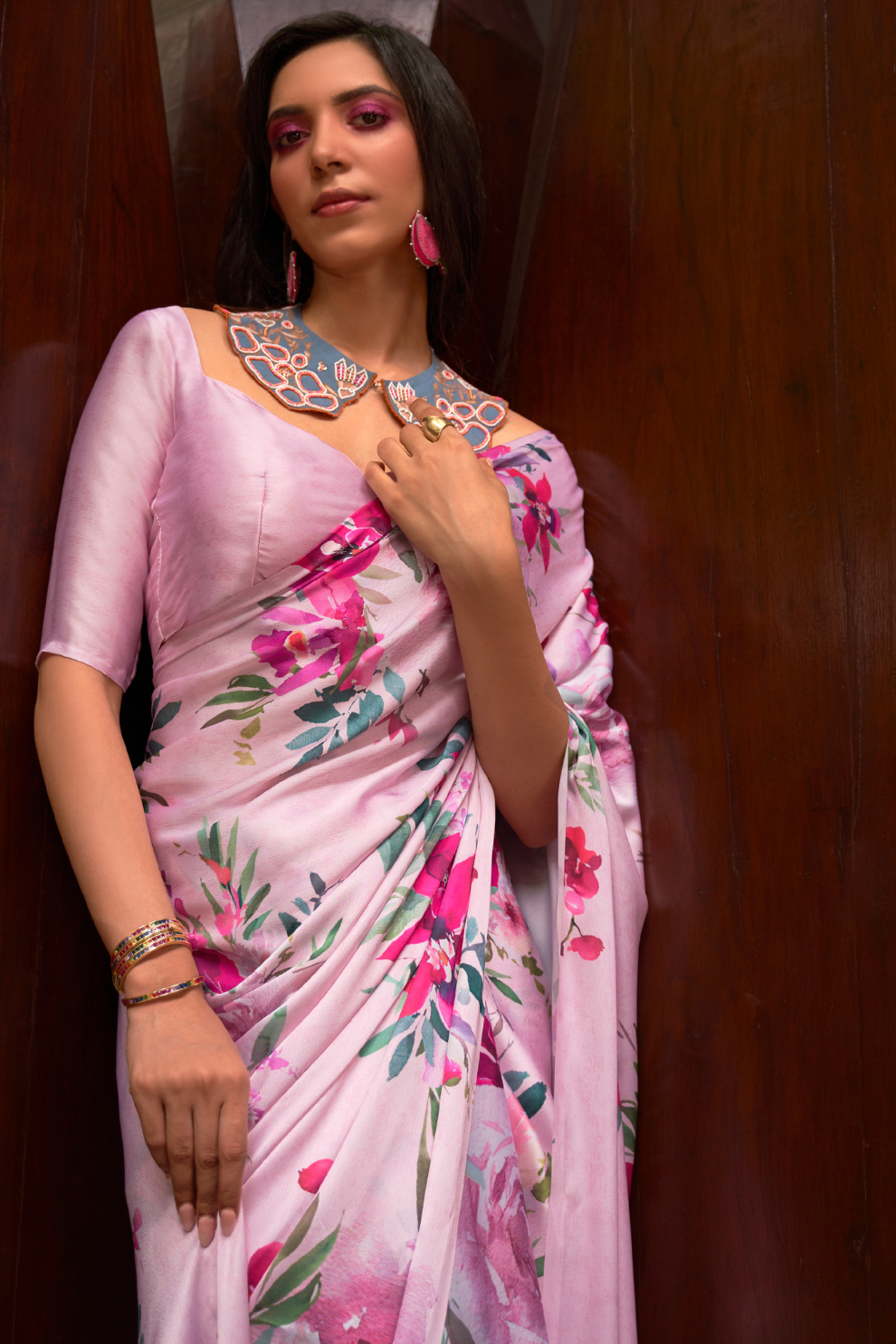 Digital Printed Satin Creep Saree with Smooth Silken Drape