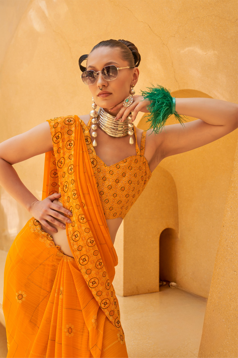 Daani Georgette Saree with Foil Print and Aqua Finish