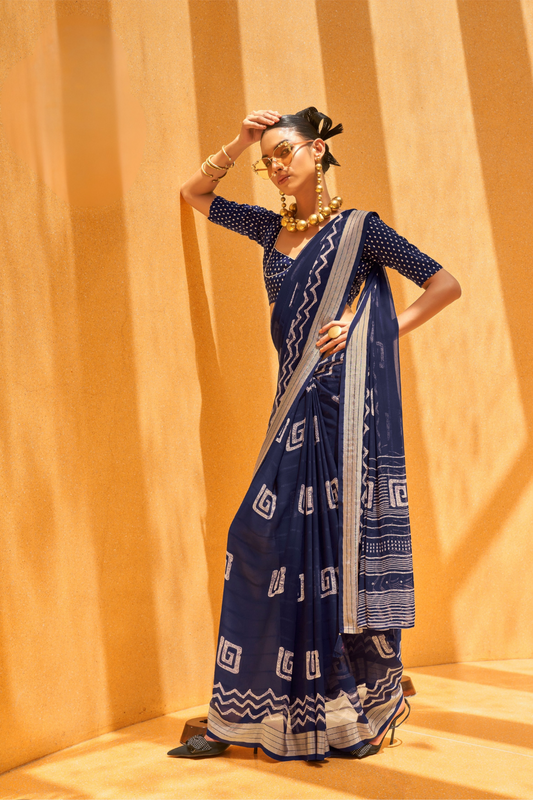 Daani Georgette Saree with Foil Print and Aqua Finish
