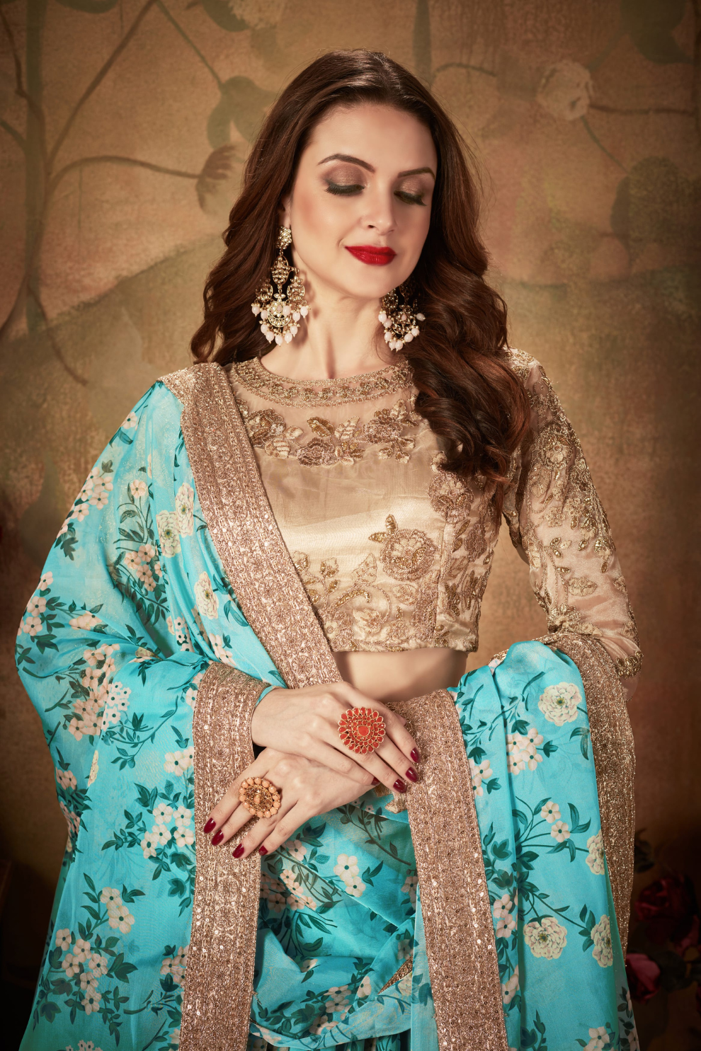 Breath-taking Floral Printed Organza Lehenga for Bridal Wear