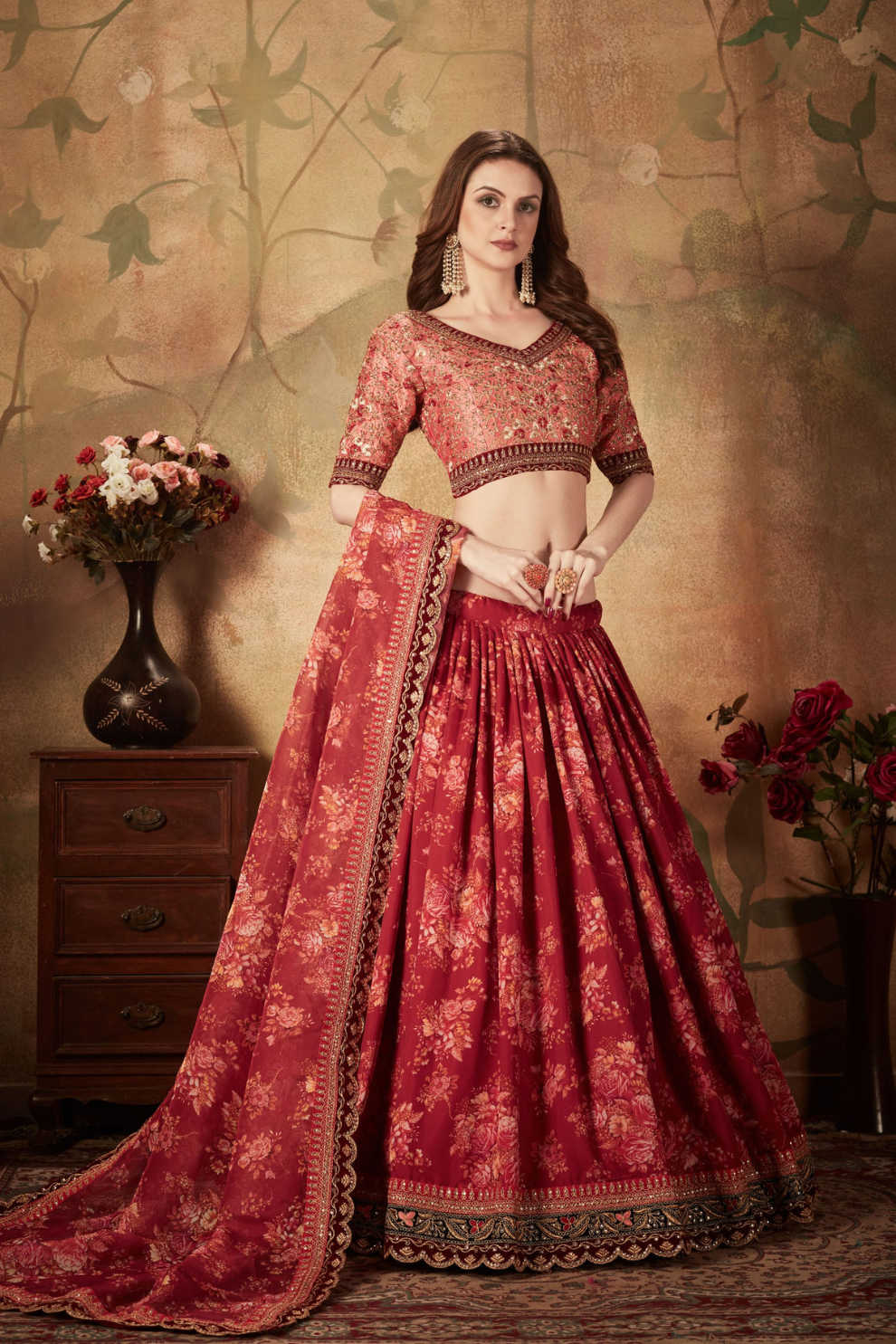 Breath-taking Floral Printed Organza Lehenga for Bridal Wear