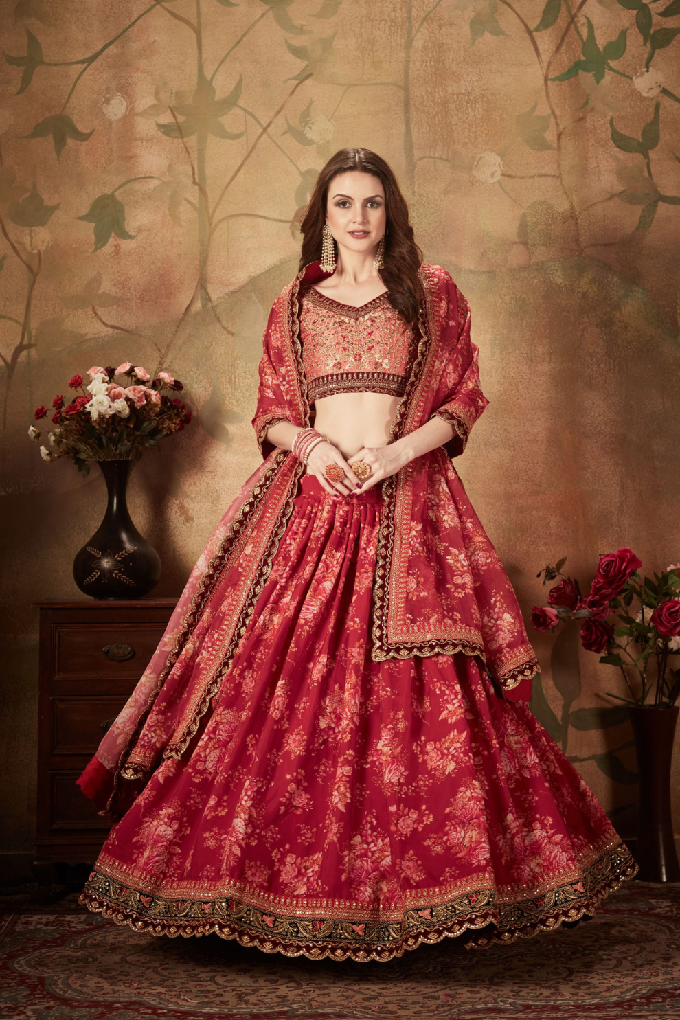 Breath-taking Floral Printed Organza Lehenga for Bridal Wear