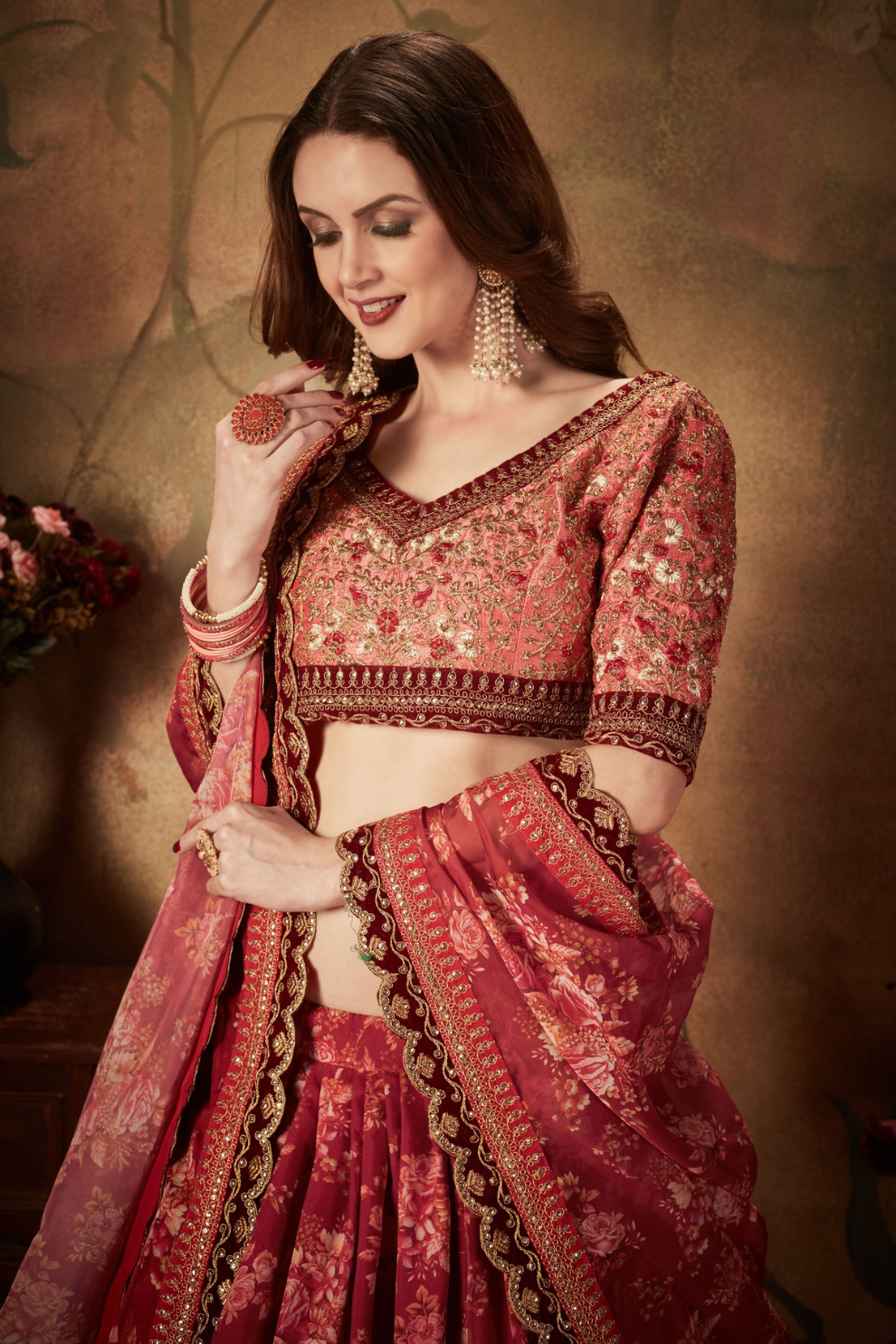 Breath-taking Floral Printed Organza Lehenga for Bridal Wear