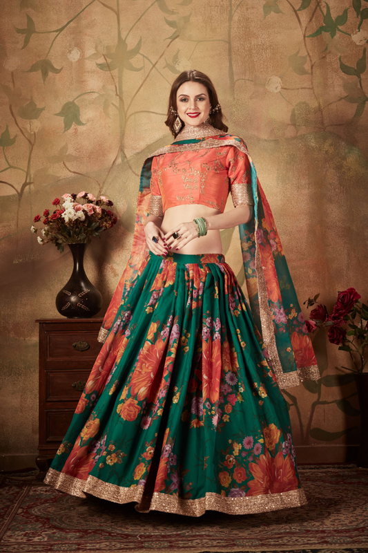 Breath-taking Floral Printed Organza Lehenga for Bridal Wear