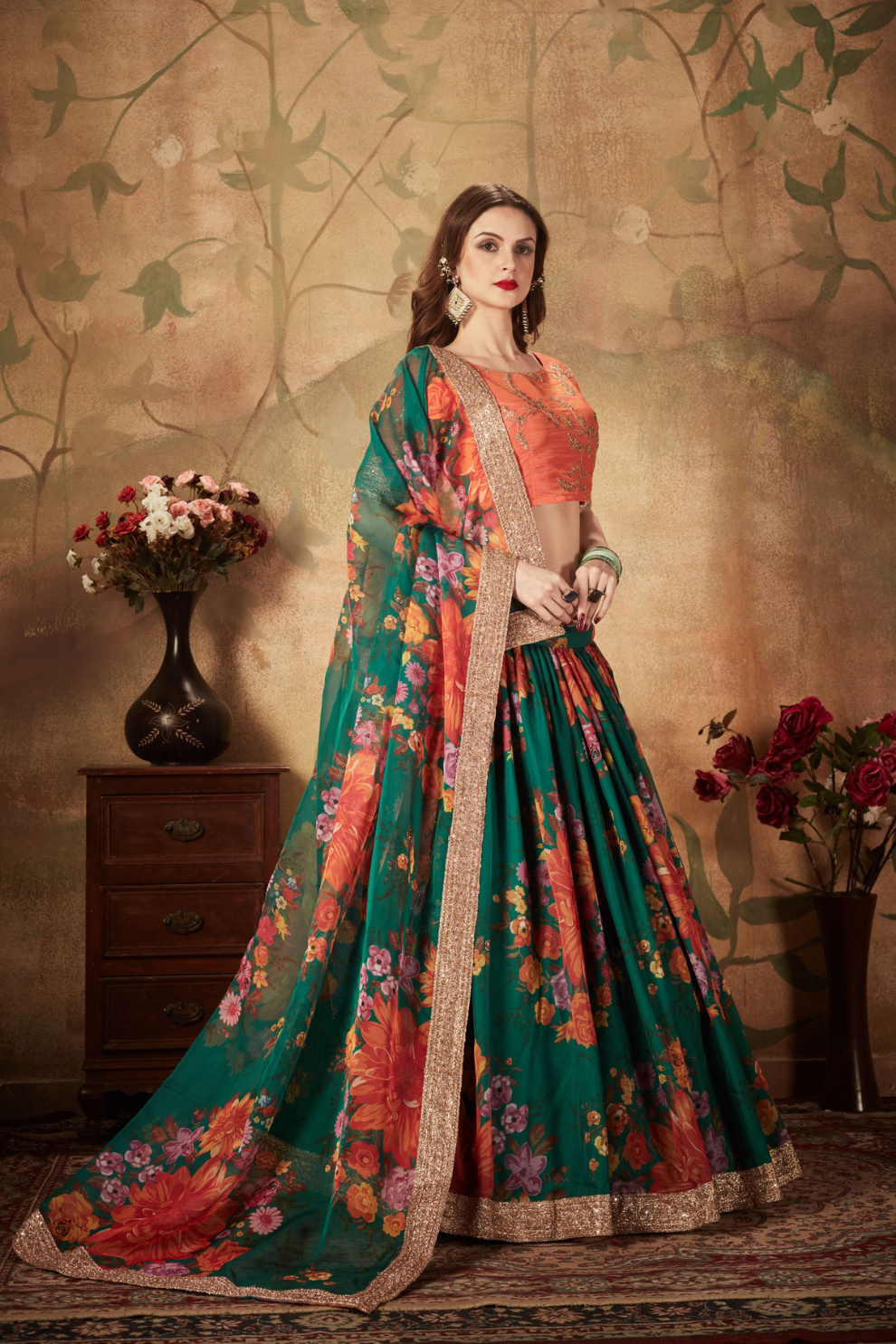 Breath-taking Floral Printed Organza Lehenga for Bridal Wear