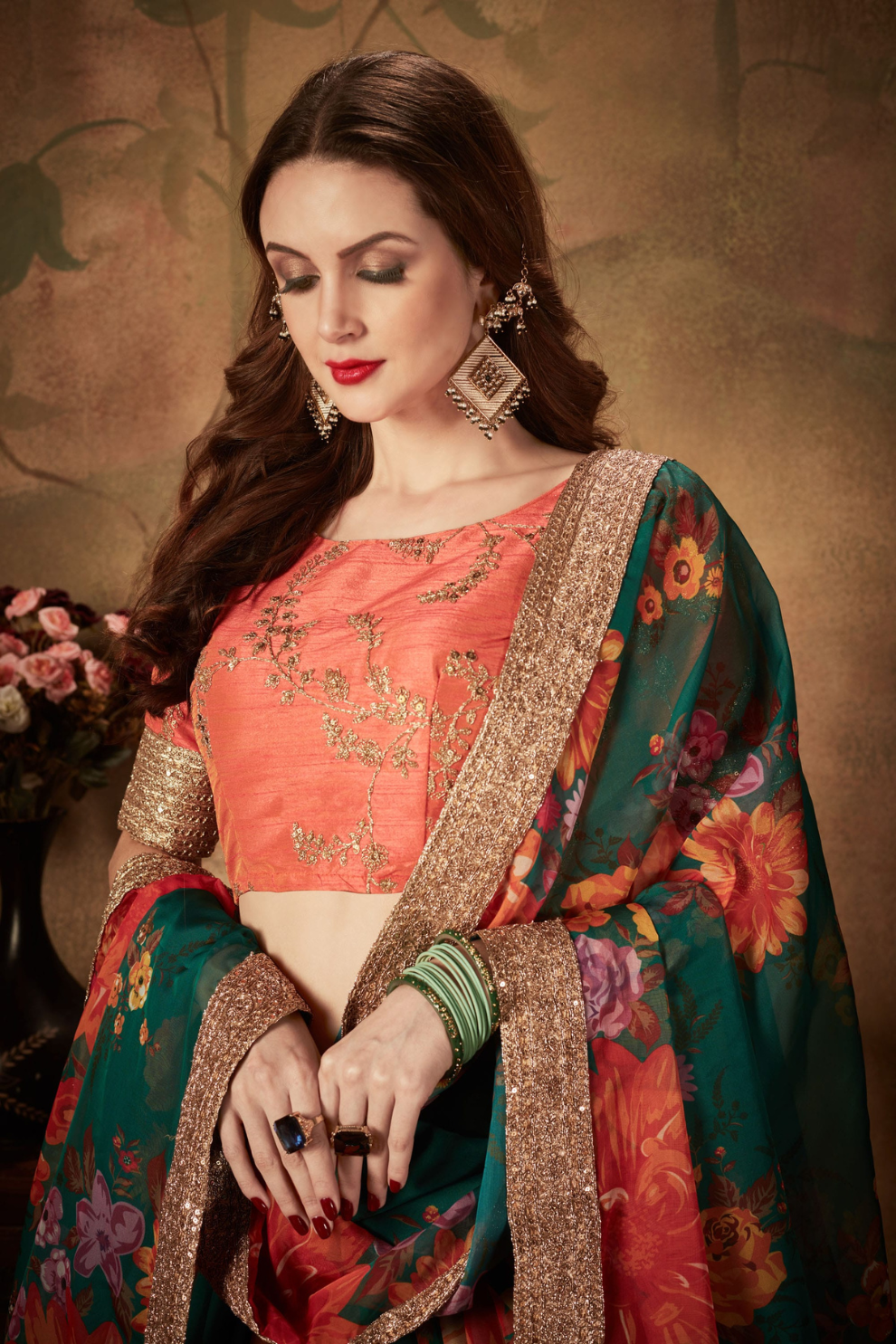 Breath-taking Floral Printed Organza Lehenga for Bridal Wear