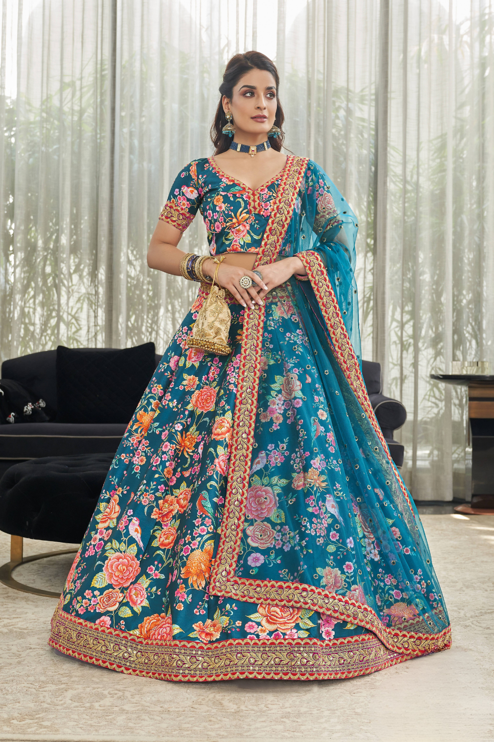 Digital Printed Lehenga with Dori, Sequins & Stone Embellishments