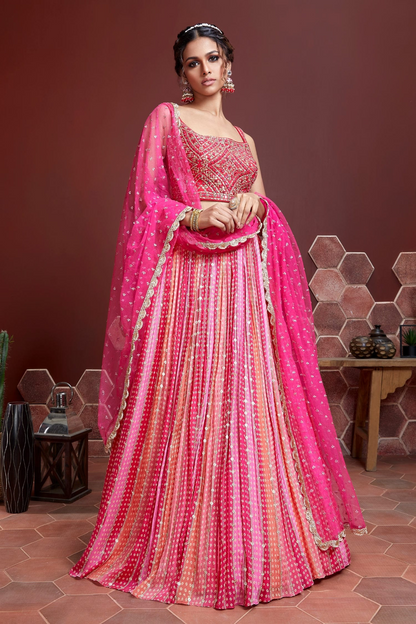 Chiffon Lehenga Choli with Embroidery and Sparkling Embellishments