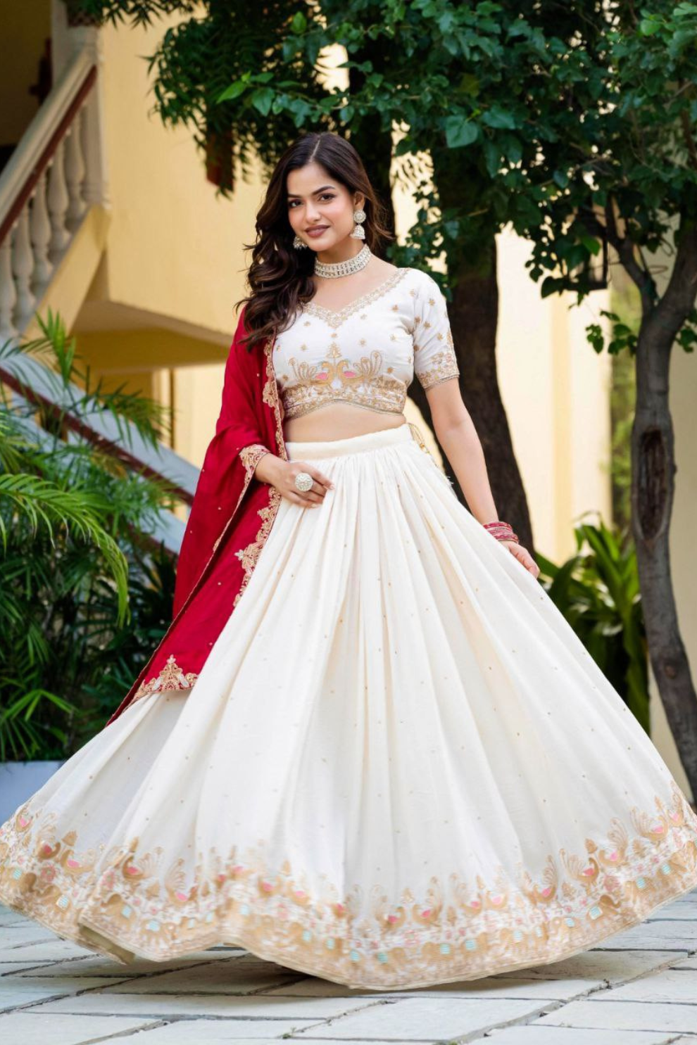 Traditional Ivory Lehenga Set with Intricate Embroidery & Red Dupatta