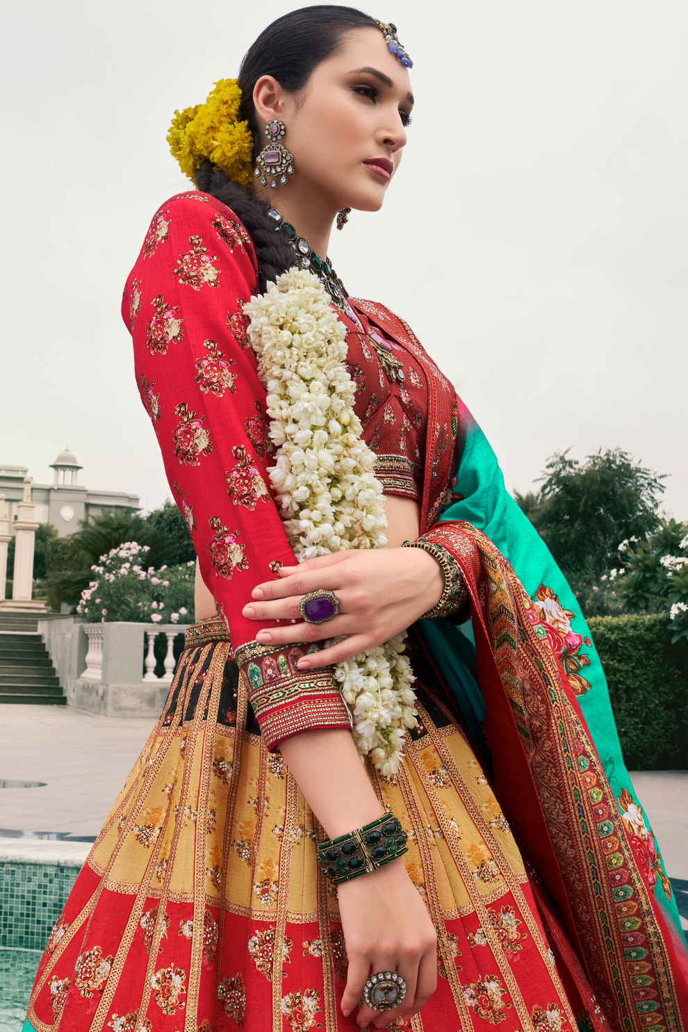 Lehenga Choli de seda de diseñador en color azul turquesa, lista para usar, con brillo y detalles de espejo