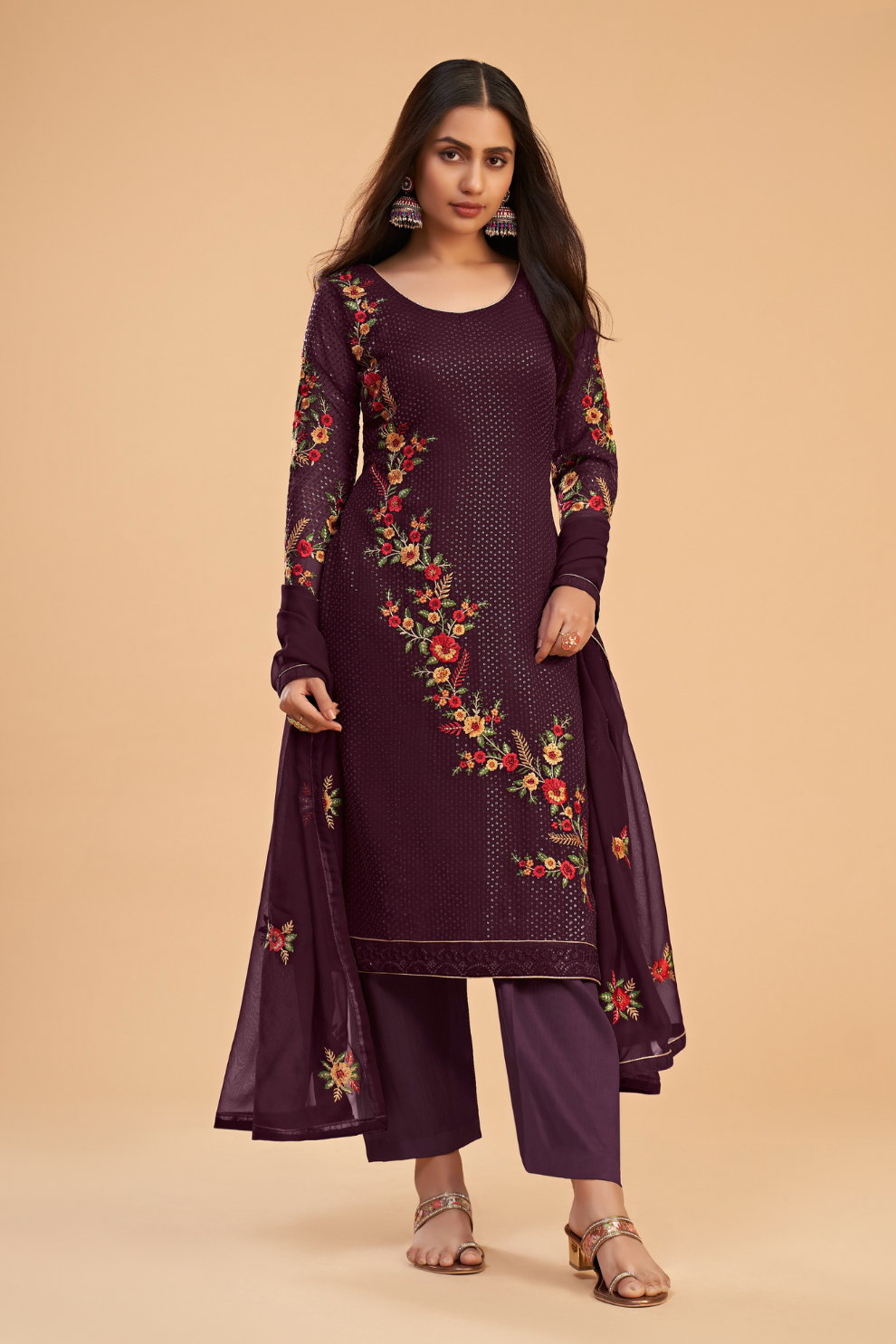 Designer Embroidered Pant Suit in Flowing Georgette